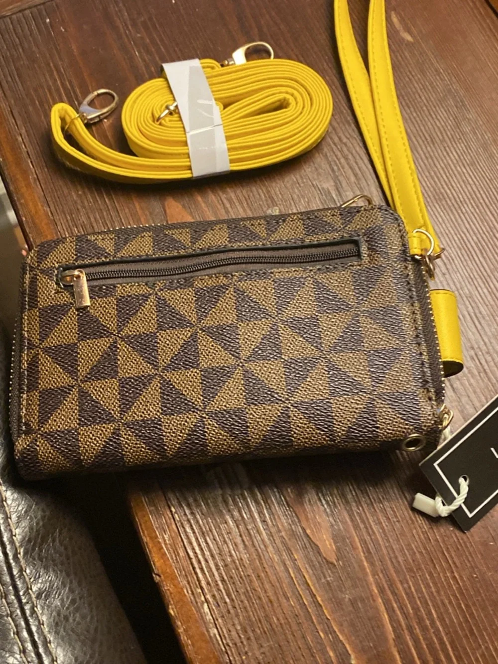 Luxie Brown Patterned Crossbody Wallet with Yellow Accent